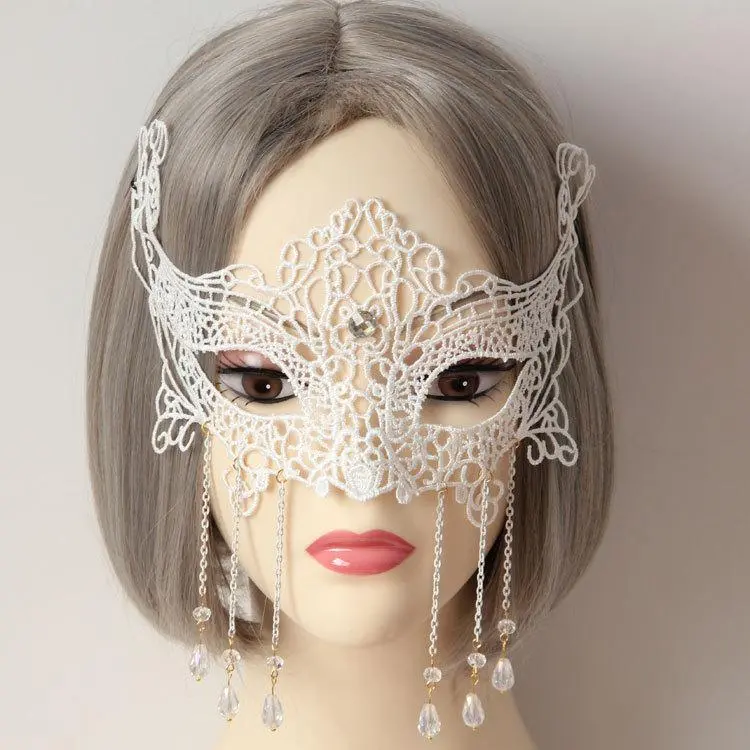 Women's White Lace Eye Mask with 22x12cm Size, Iron Wire Clamp, Chain Detail - Angel Mask Party Clothing for Masquerade, Halloween Costume Ball, Lace Detail, With Chain
