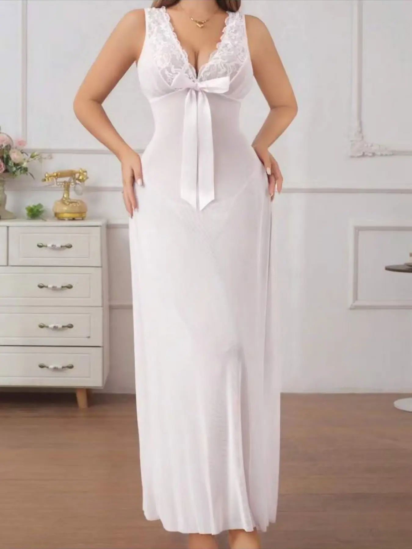 Lace Trim Maxi Nightgown V-Neck Mesh Sleeveless Slip Dress with Bow Nightwear