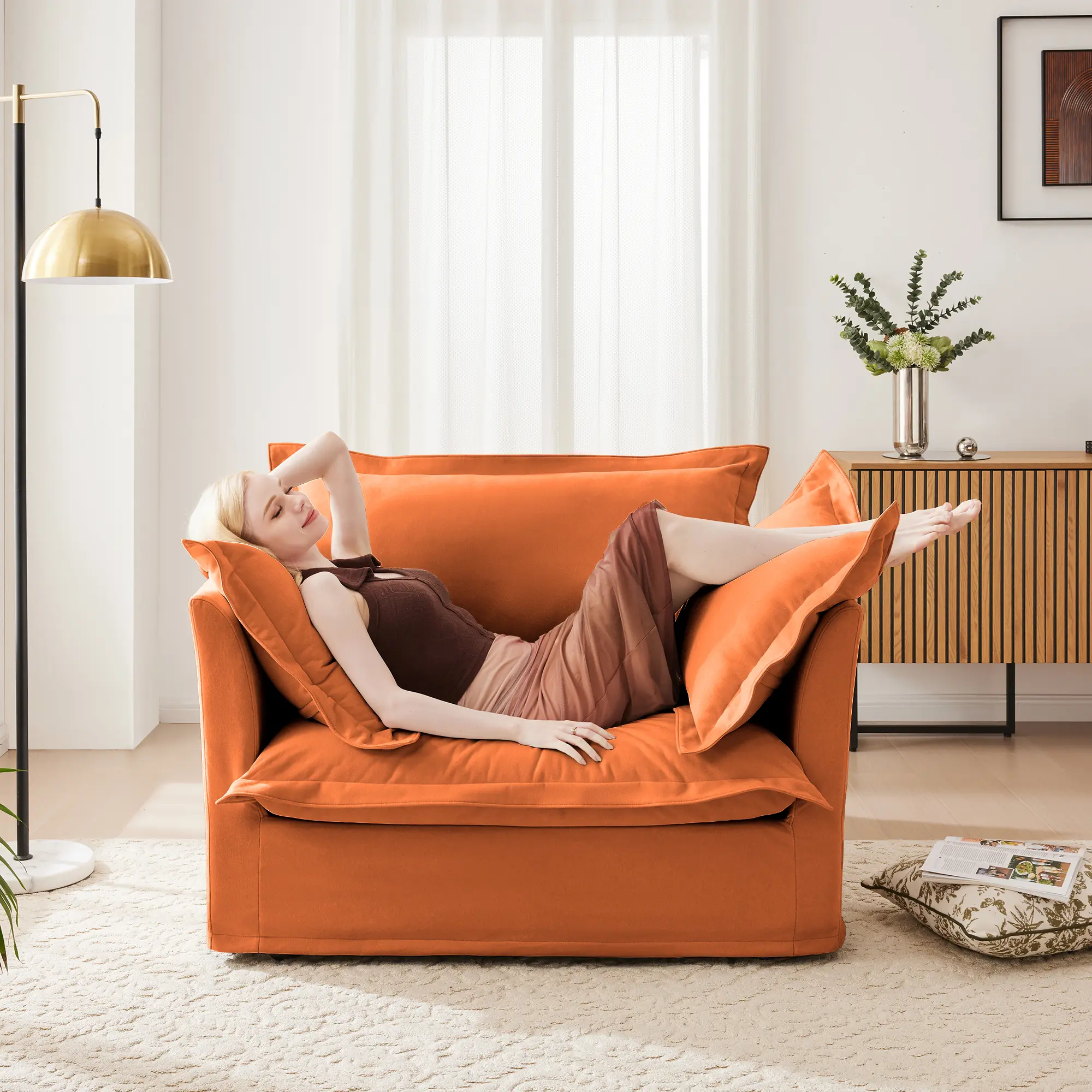 ARCH Slip-covered Chenille Armchair - Big Back Cushion, 2 Toss Pillows, Single Deep Seat Comfy Living Room Accent Chair, Orange, Cozy Reading Furniture for Apartment Lounge, Reading Chair
