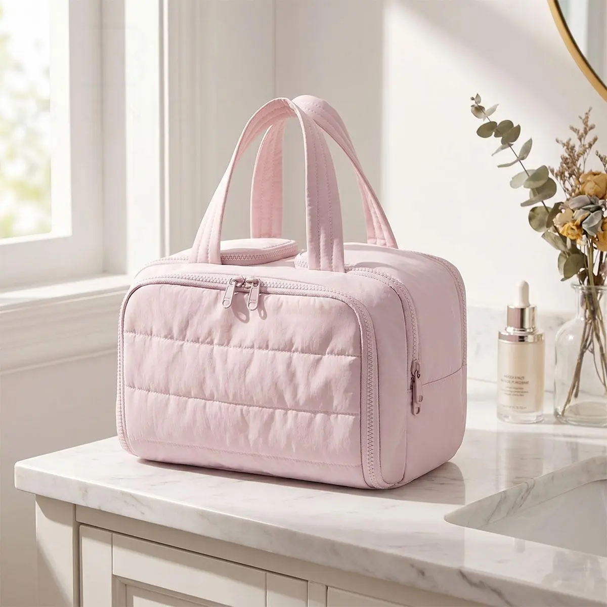 Women's Puffy Gym Cosmetic Toiletry Bag - 11.81" L x 5.51" W x 8.27" H Large Capacity Multi-Compartment Lightweight Makeup Organizer Pouch with Handle, Travel Grooming Accessory Bag for All Seasons Summerwins, Cosmetic Toiletry Bags