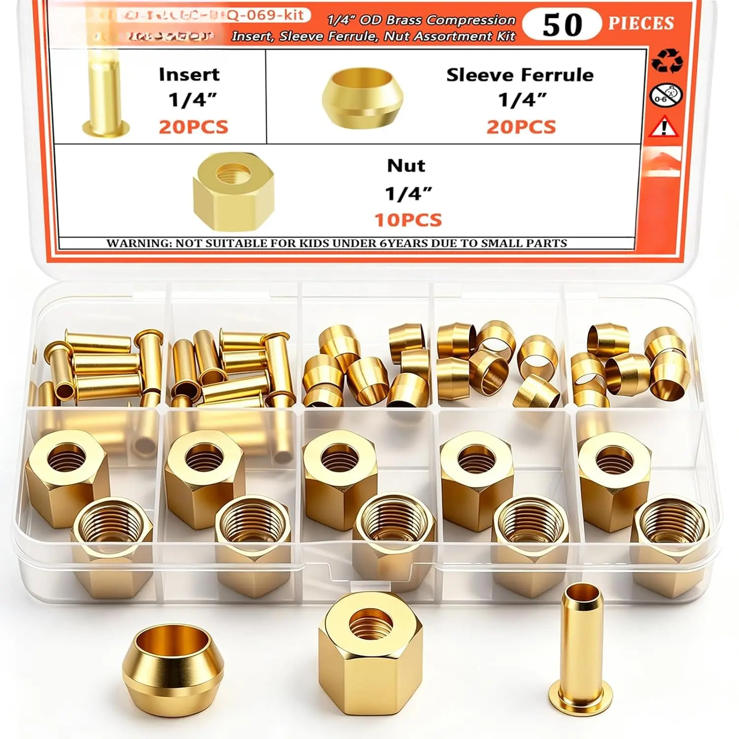50 count 1/4" Brass Compression Fittings  kit, Insert, Sleeve Ferrule, Nut for Connecting air, , Water, Oil and inert  Lines