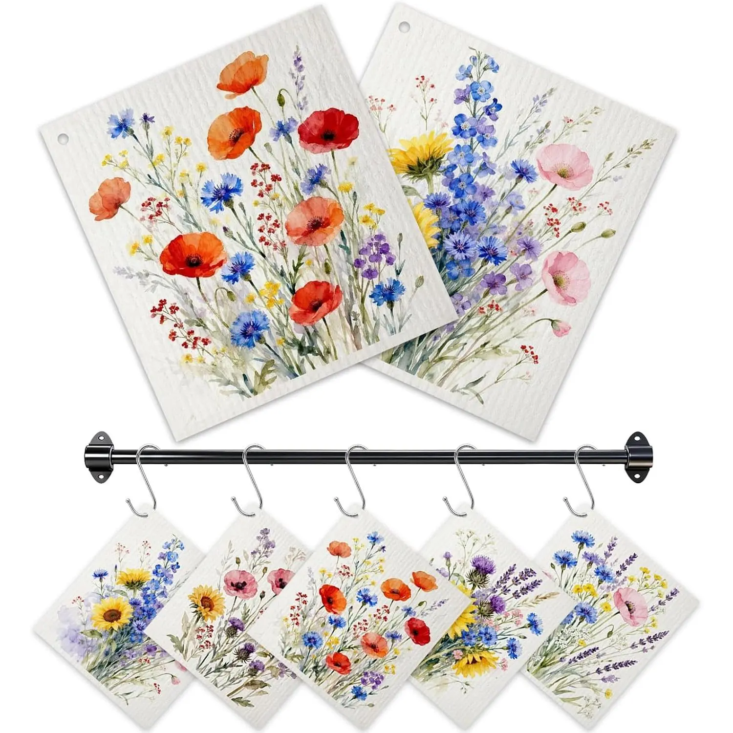 5 Pack Wildflower Swedish Dishcloths for Kitchen with 3 Hooks | Spring Flower  Paper Towels | Absorbent Washable Cleaning Cloth Set for Housewarming | Quick Drying Bar Hand Washing