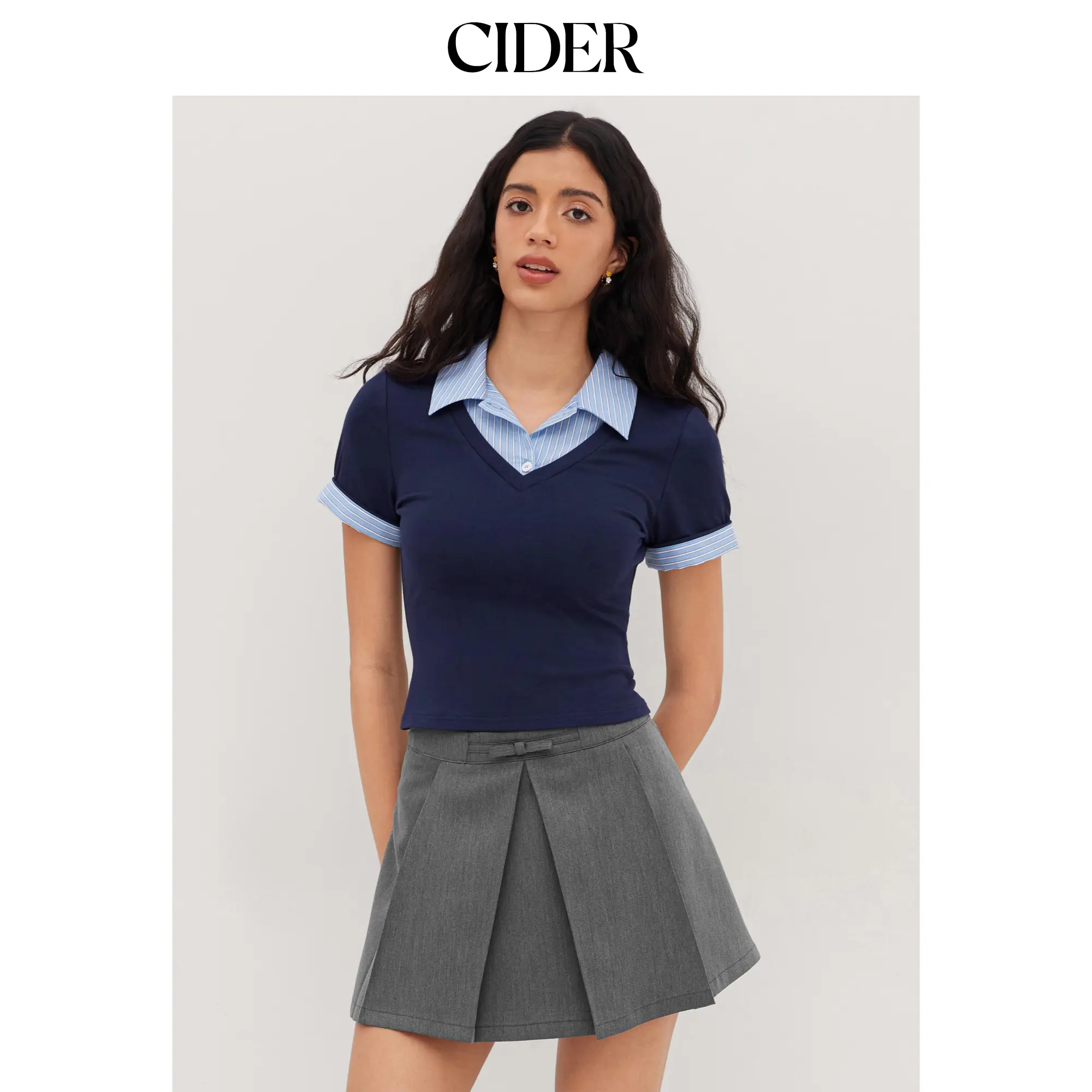 Cider Cotton Collar Stripe Two Tone Short Sleeve Top SummerWins SummerFinds Cider Cotton Collar Stripe Two Tone Short Sleeve Top SummerWins SummerFinds