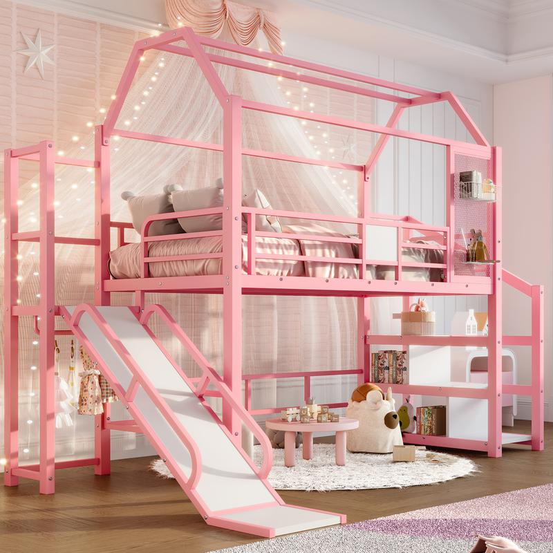 Bellemave Twin House Loft Bed with Slide and Stairs Metal Playhouse Bed with Storage Shelves House-shaped Roof Noise-free Design Pink Bedroom Set