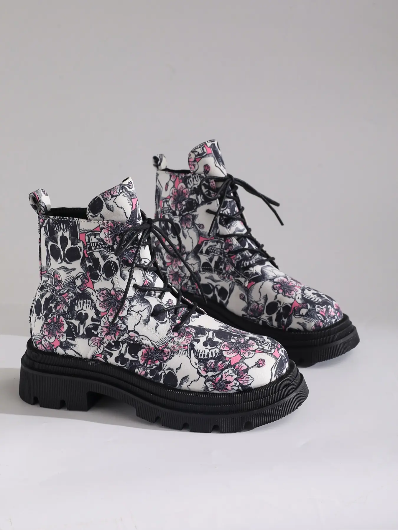 Halloween Punk Style Skull Floral Printed Platform Lace Up Ankle Boots Retro Round Toe Mid Heel Trendy High Top Women Booties All Match Shoes For Spring Autumn Party Outdoor Daily Wear