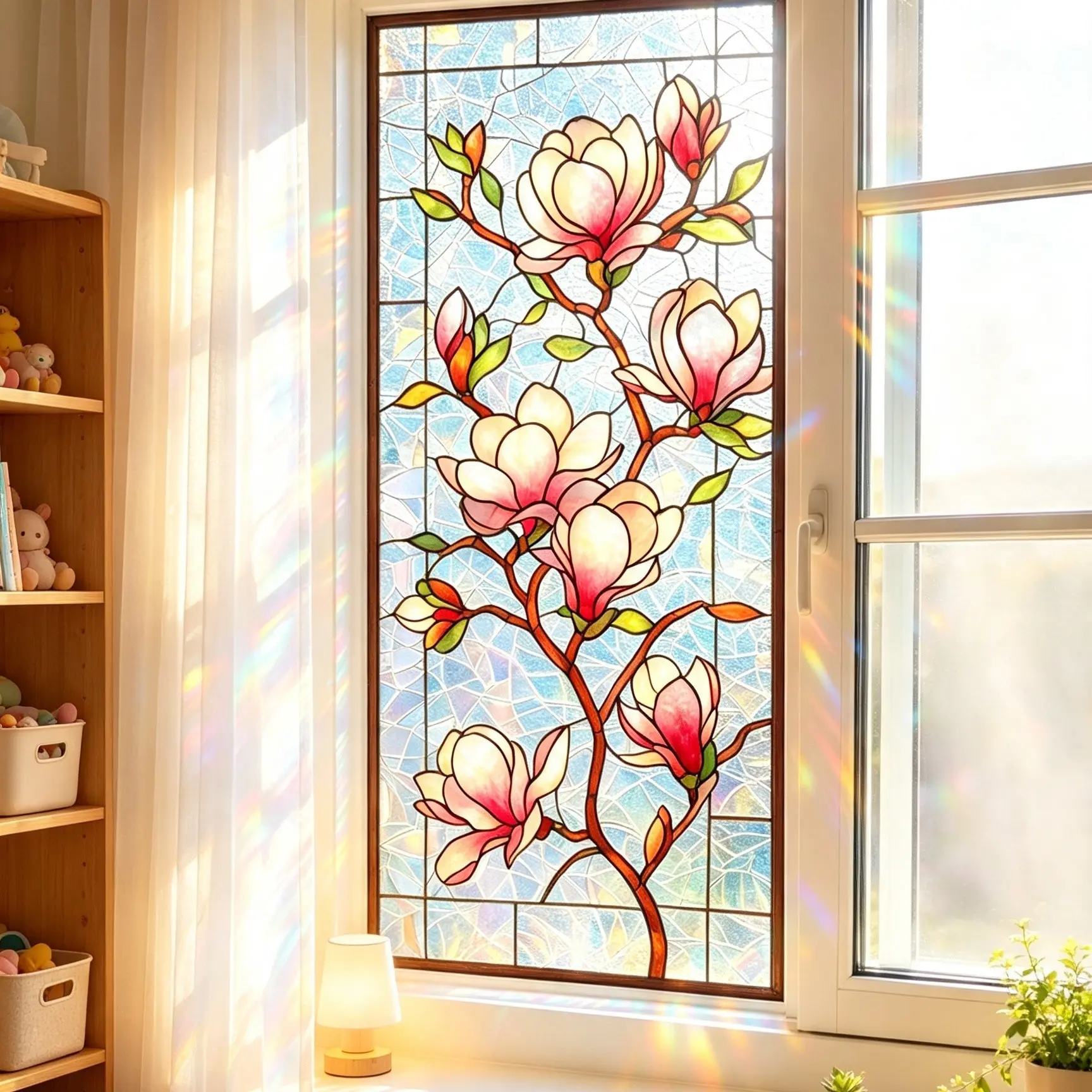 Floral Magnolia Painted Glass Window Stickers, Non-Sticky Frosted Privacy Film, Reusable Decorative Window Clings, Home Interior Decoration, Window Decal