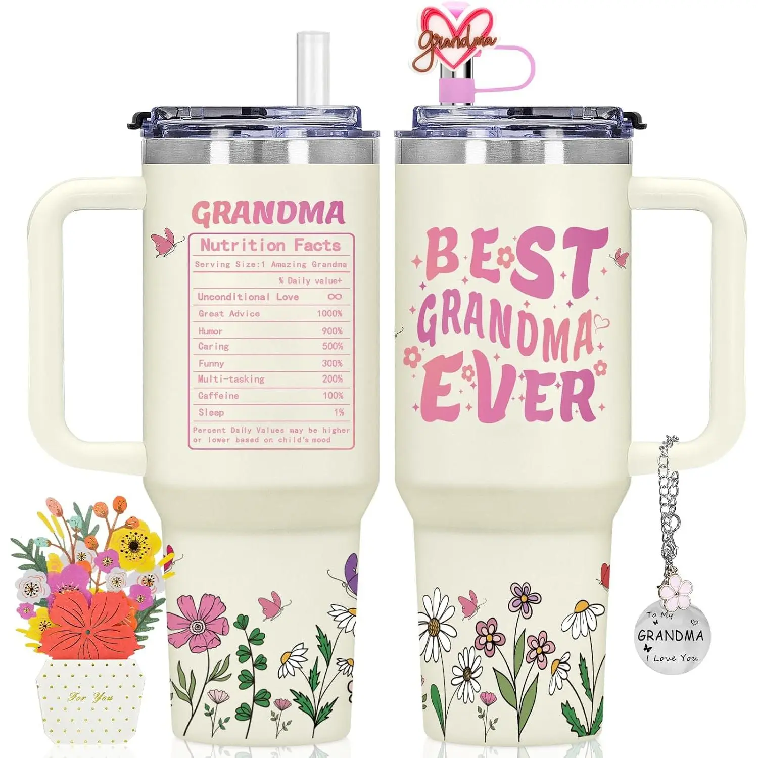 40oz Best Grandma Ever Insulated Tumbler with Handle, Double Wall Vacuum Cup, Birthday Gift for Grandma with Greeting Card & Pendant