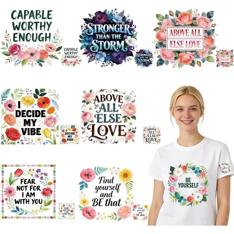 Inspirational Quotes Iron on Transfer Paper Flowers Heat Transfer Sticker Washable Iron on Decals for T Shirts DTF Transfers Ready to Press for Kids Clothing Hoodie DIY Gift
