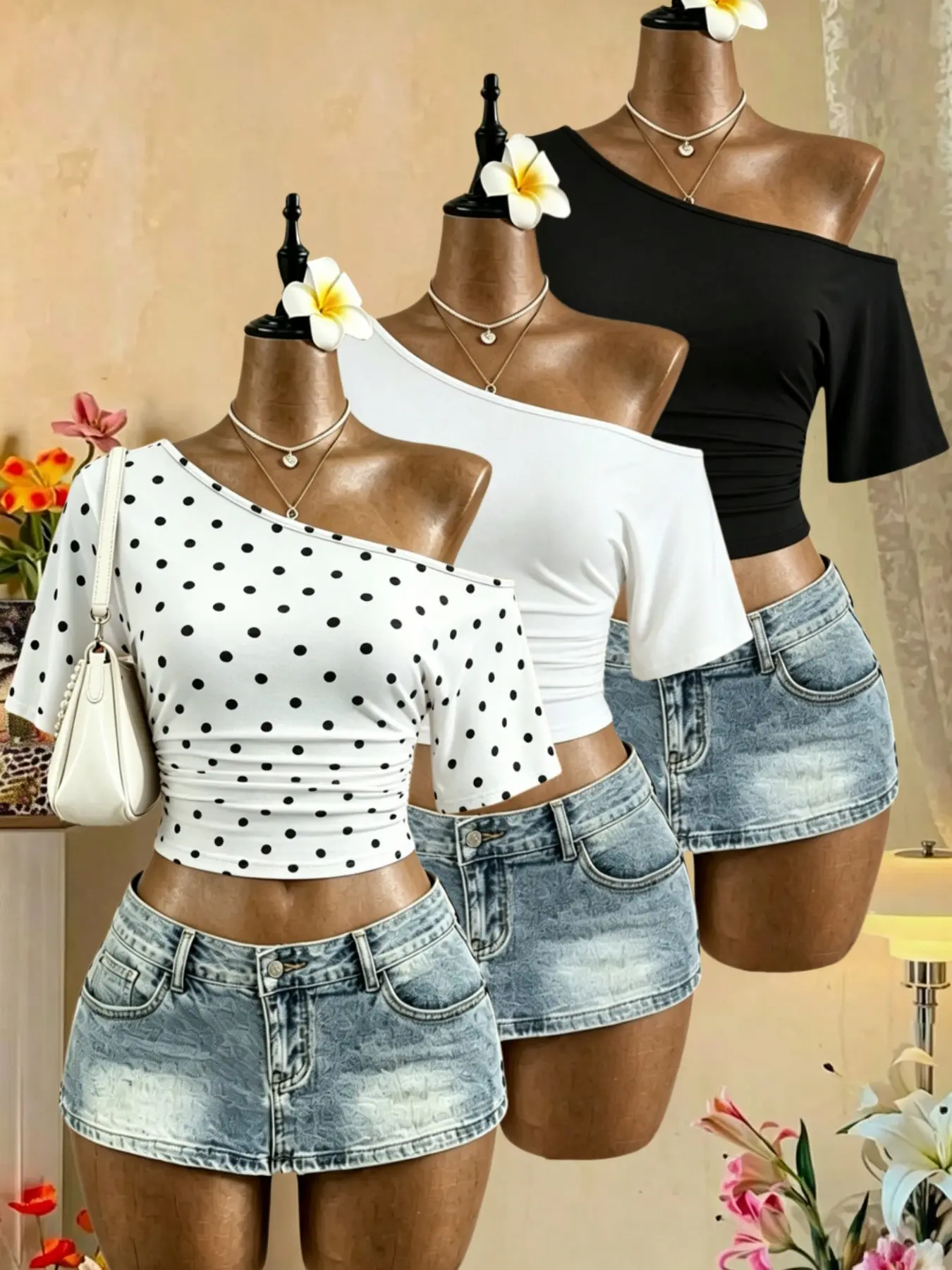 Y2K Sweet Cool Summer One-Shoulder Top, Polka Dot and Solid Color Combo, Casual Slim-Fitting Short Sleeve T-Shirt Set, Beach Tops for Women, Summer Vibes Tops