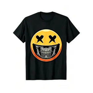 Smiley Skull Grin Unisex T-Shirt for Men & Women - Dark Punk Emoji Graphic, Soft Cotton Crew Neck Short Sleeve, Comfortable All-Season Tee, Perfect for Everyday Casual & Goth Street Style, Summer Spring, Machine Washable