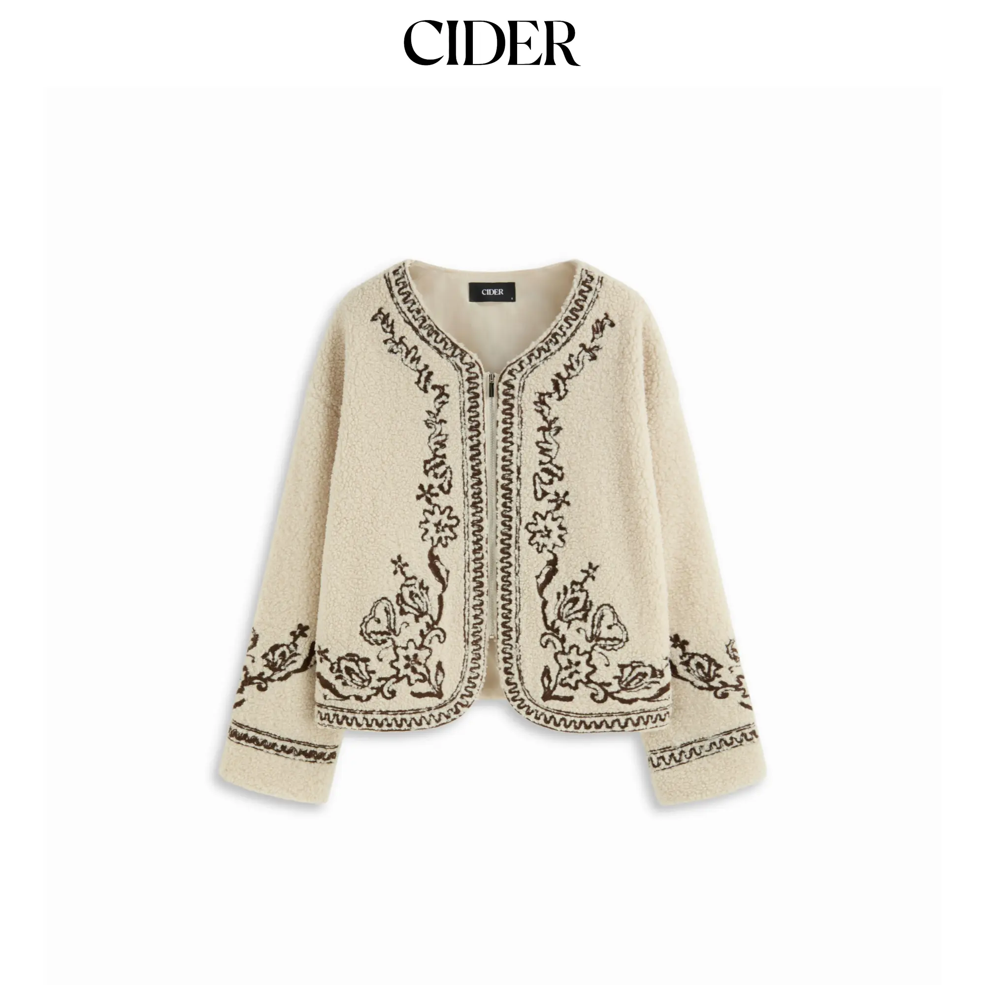 Cider Fleece Floral Embroidery Zip Through Oversized Jacket SohoChic
