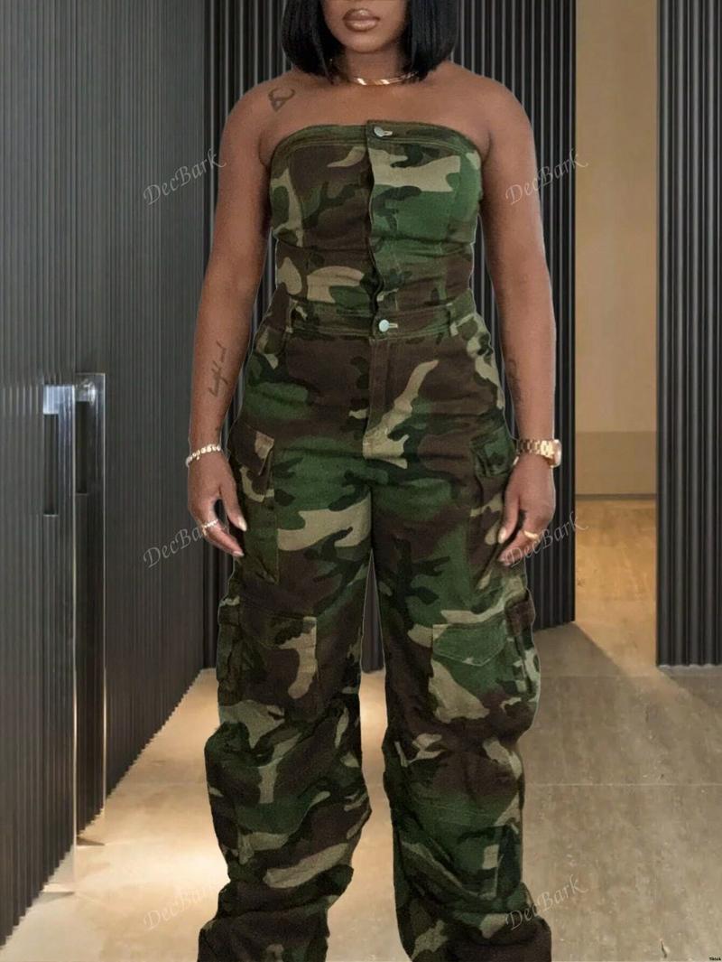 Pockets Jumpsuit Print Camo Plus Size Utility With
