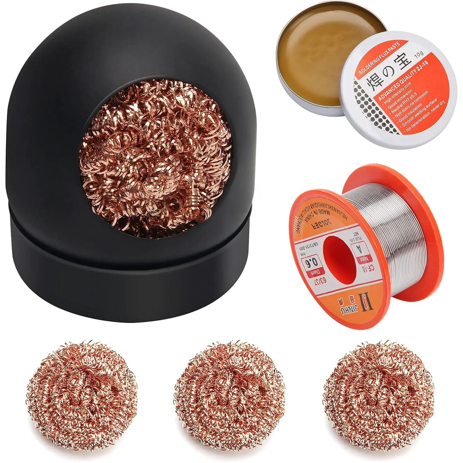 Solder Tip Cleaner+ Soldering Rosin Flux Paste(0.35 oz / 10 g)+ 60/40 Tin Lead Rosin Core Solder Wire(1.76 oz / 50 g) + 3 count  Brass Pads, 6 count Solder Iron Welding Tool Set