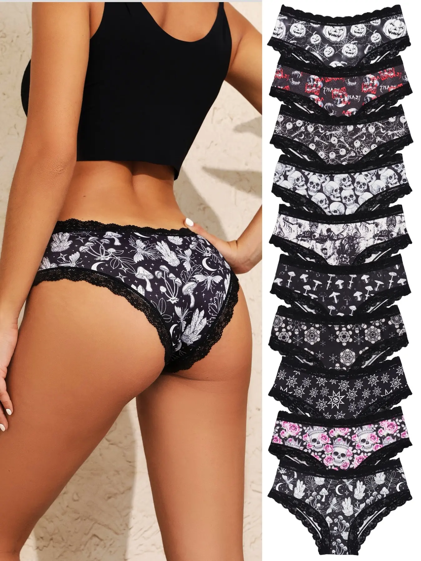 10-Pack Halloween Gothic Women's Lace Trim Panties Set, Intimates Panties, Fashion Print, Comfortable Elastic Fabric, Sexy Fitted Underwear, All Seasons
