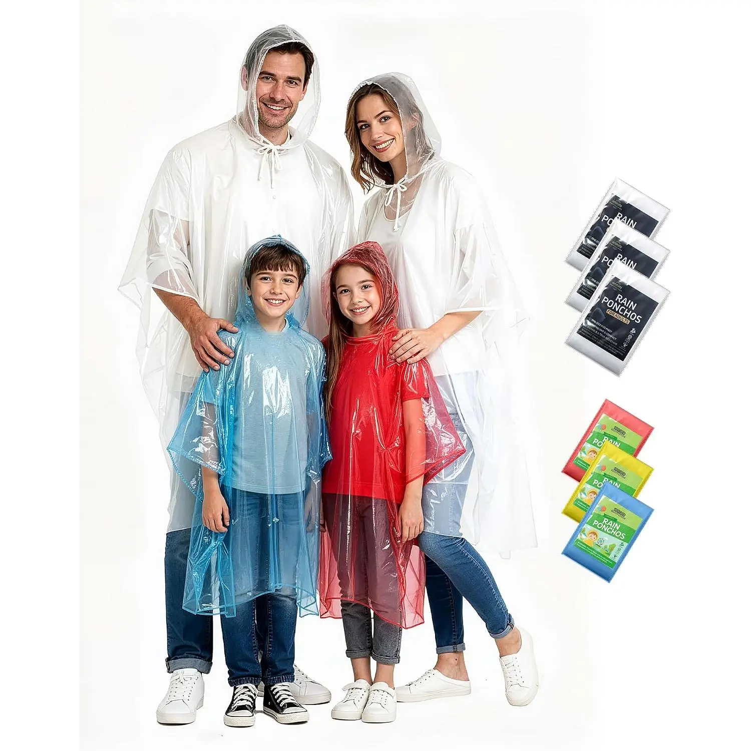 Rain Ponchos Family Pack Kids– 6/12/24 Pack Disposable Poncho with Hood, Clear & Assorted Colors, Home Survival KitsGift.