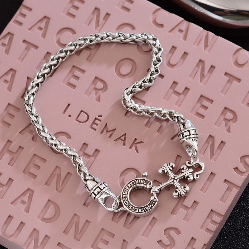 Silver-Plated Cuban Chain Bracelet with Retro Cross Charm, Vintage Horseshoe Clasp Design, November Birthstone Accent Bracelet for Men & Women, Elegant Jewelry for Daily Wear, Parties & Gift Occasions