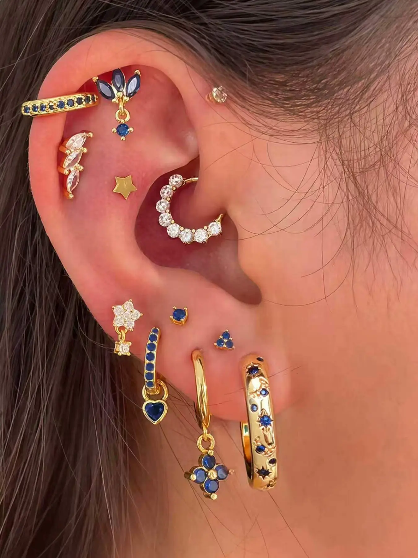 12 Pcs Blue Cubic Zirconia Earrings Set, Star Moon Design Studs, Perfect for Women Daily Wear, Dates, Parties, Gatherings, Stud Earring Sets