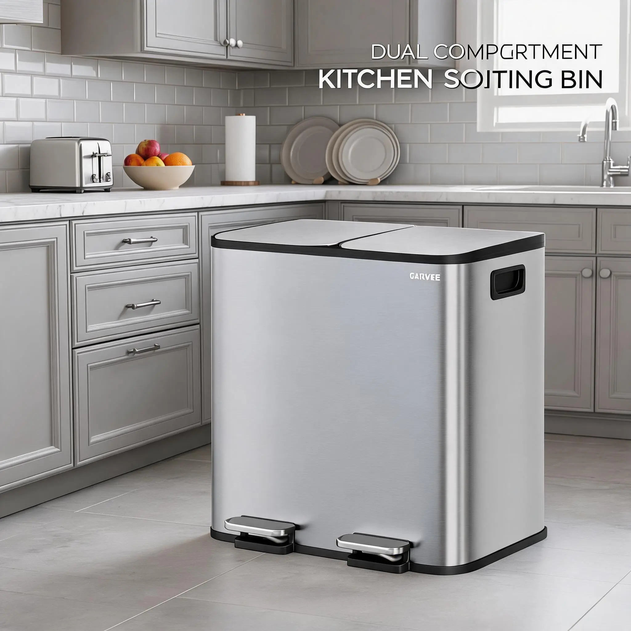 Garvee Modern 30L Stainless Steel Step Pedal Kitchen Trash Can - Dual Compartment 2x15L Recycling Organizer, Odor-Sealing Soft-Close Lid, Removable Plastic Inner Buckets for Home Cleaning, Office Use