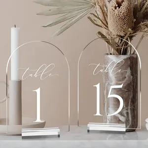5x7 Inch Clear Arched Acrylic Table Numbers 1-15 with Stands & Holders, Ideal for Wedding Reception Party Event Centerpiece Decor