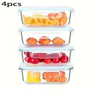 4 Pack Microwave Safe Glass Food Containers Reusable Leakproof Lunch Boxes for Office Home School Camping Picnic
