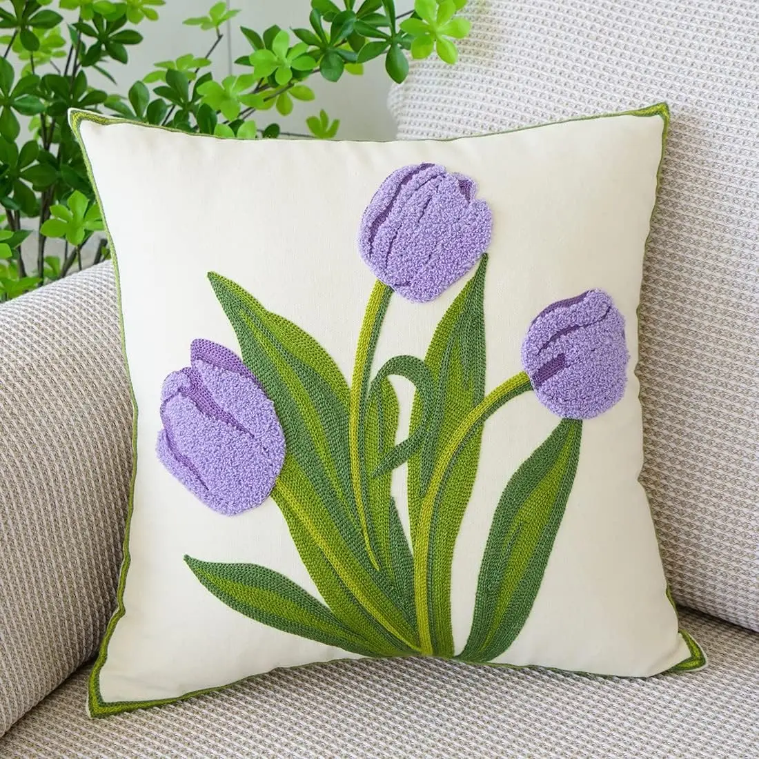 Tufted Throw Pillow Cover Spring Floral Embroidery Pillowcase Soft Square Cushion Case for Sofa Couch Bed Chair (,18"x18")
