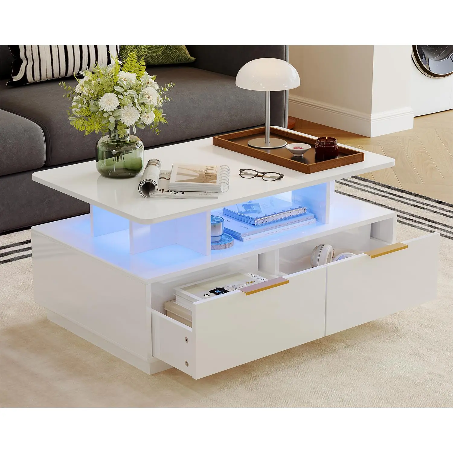 LED Coffee Table With Storage Drawers, Modern 2-Tier Center Table with Adjustable Color-Changing Lights, Open Display Shelf, 35"Rectangular Sofa Side Table for Living Room