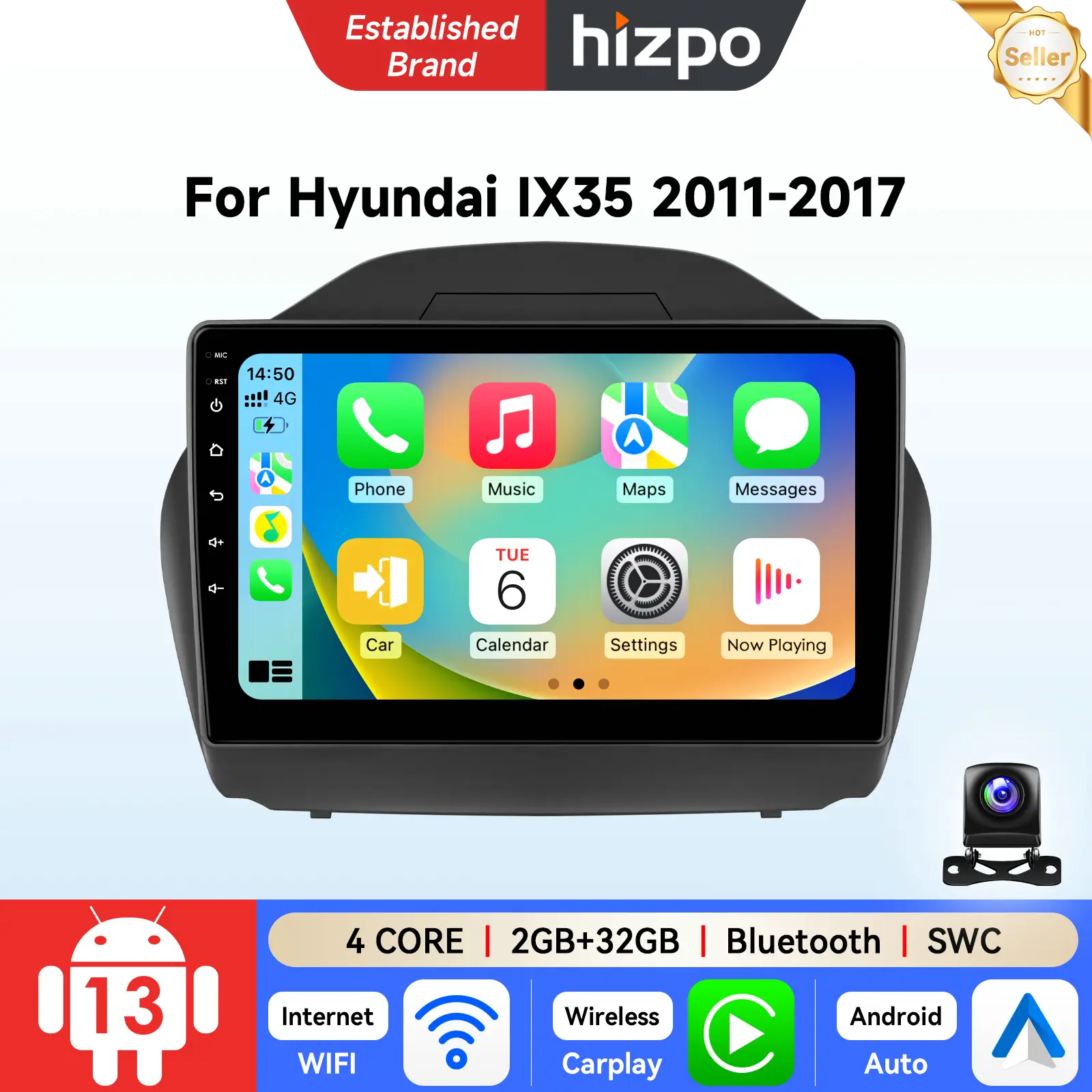 Hizpo Android 13 Car Stereo Radio for Hyundai Tucson 2/Ix35 2009-2015, GPS Navigation, Wireless CarPlay, Android Auto, Built-in BT5.0 WiFi, DSP, SWC Support, In-Car Audio, CANBUS Sync, Plug & Play