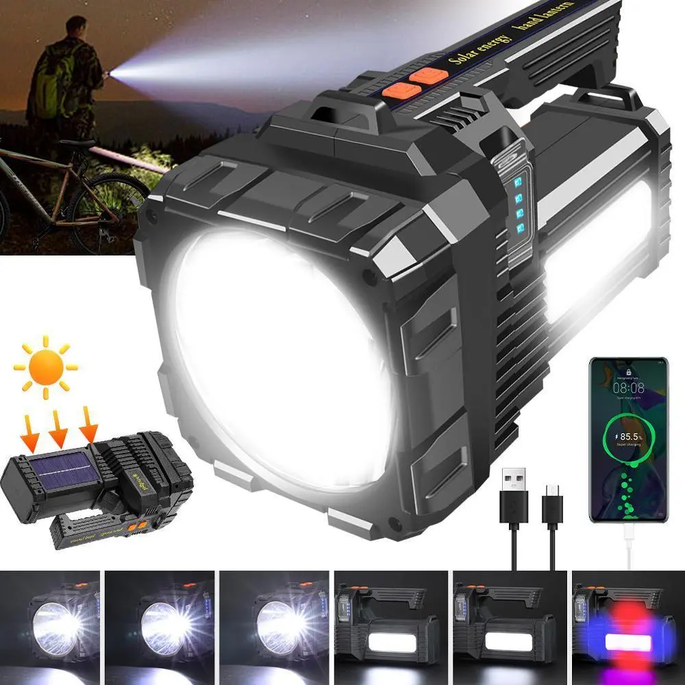 Solar LED Spotlight Flashlight, Rechargeable Waterproof Searchlight, Portable Super Bright Flashlight with USB Charging and Power Bank#DealsForYouDays