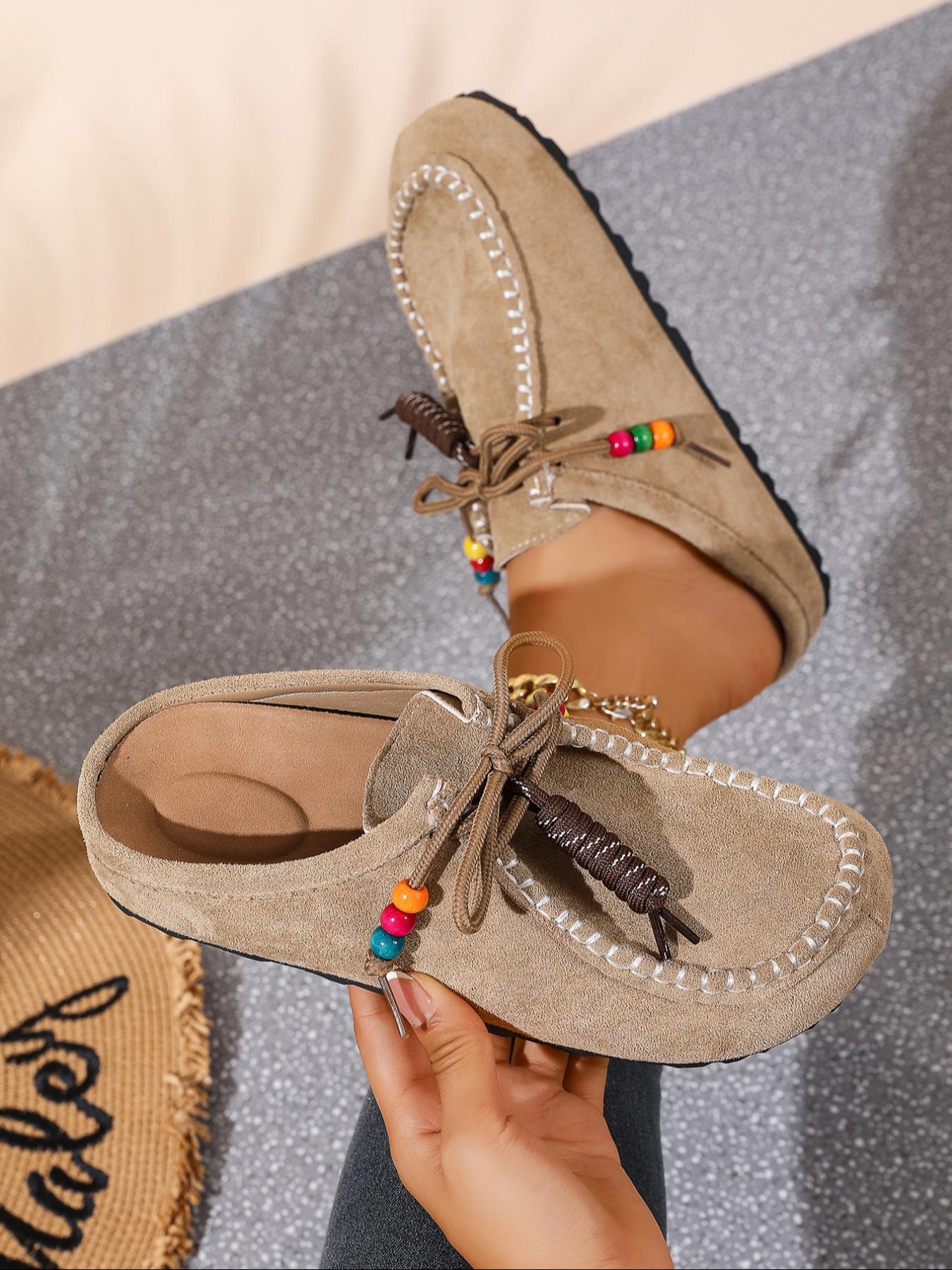 2025 New Women's Round-Toe Cork suede Clog Mules –Boho Beaded Suede Tassel Mules – Women’s Vintage Slip-On Clogs with Arch Support, Soft Cork Sole, and Colorful Beads – Cozy Fall Flats for Walking & Home Foot Clogs