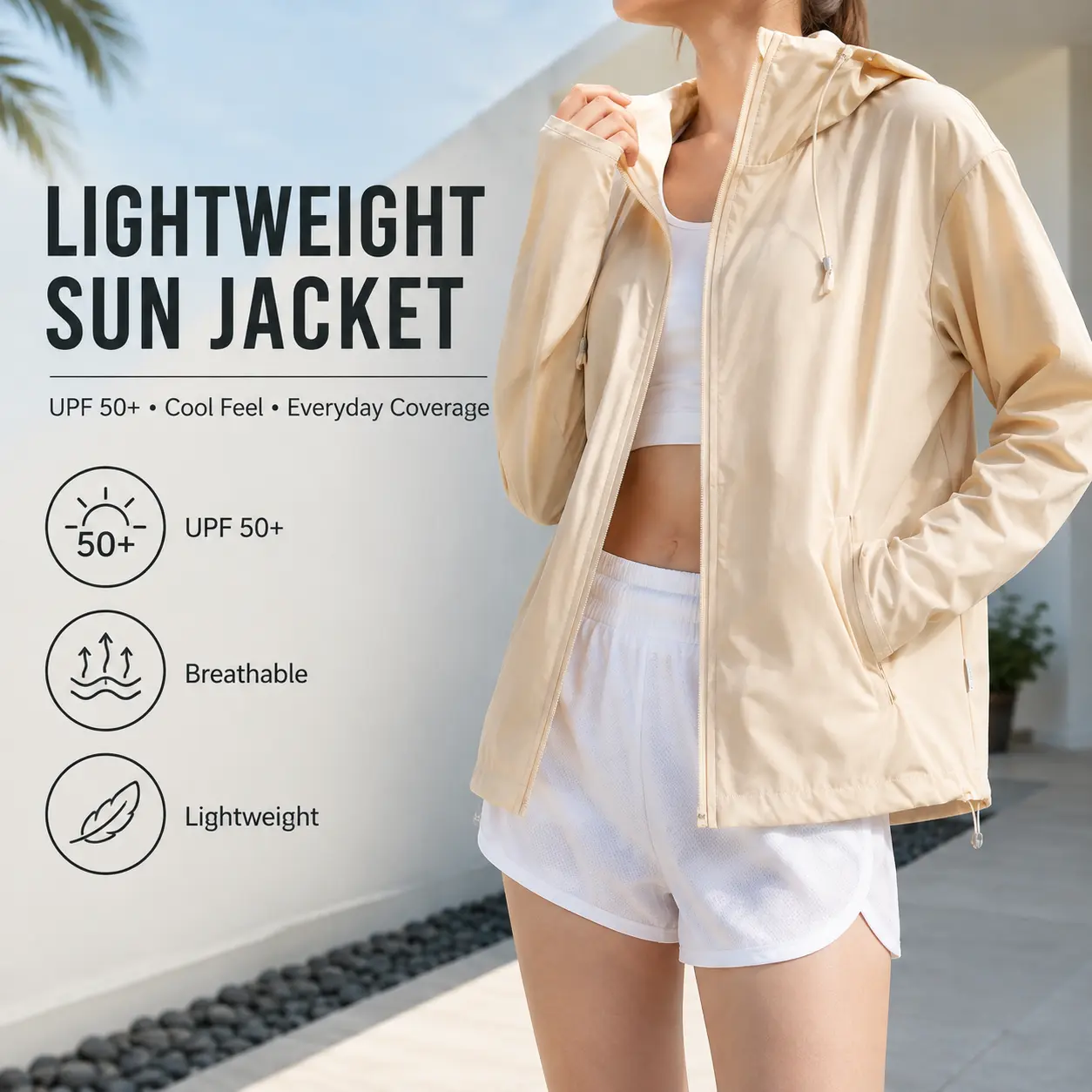 Women’s Lightweight Hooded Sun Jacket, 82% Nylon 18% Spandex Stretchy Breathable Full-Zip Windbreaker for Travel, Walking & Outdoor Wear, Summer Jacket for Women