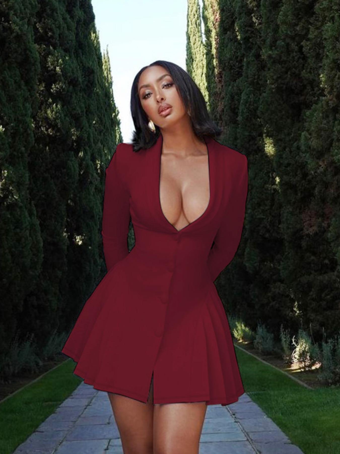 Women's Solid Deep V-Neck Pleated A-Line Dress, Elegant Formal Chic Button Front Long Sleeve Short Dress for Spring & Fall, Women's Clothing for Daily Wear