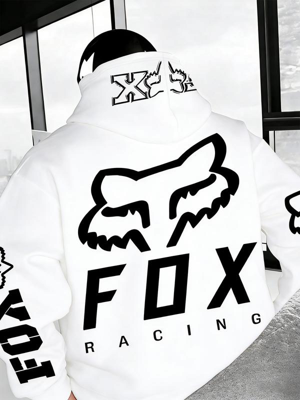 1 Piece Men‘s Fox Racing Graphic Hoodie, Bold Red and White Logo Print, Streetwear Style for Casual Daily Wear and Outdoor