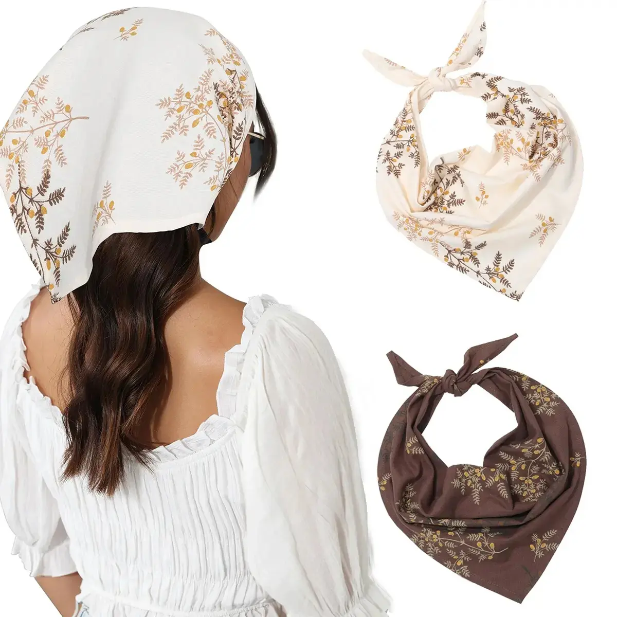 Women's 2-Pack Floral Cotton Bandanas - Boho Vintage Triangle Headwraps, Soft Adjustable Breathable Hair Scarves, Boho Style Scarf for Casual Daily Wear, Messy Hair Days