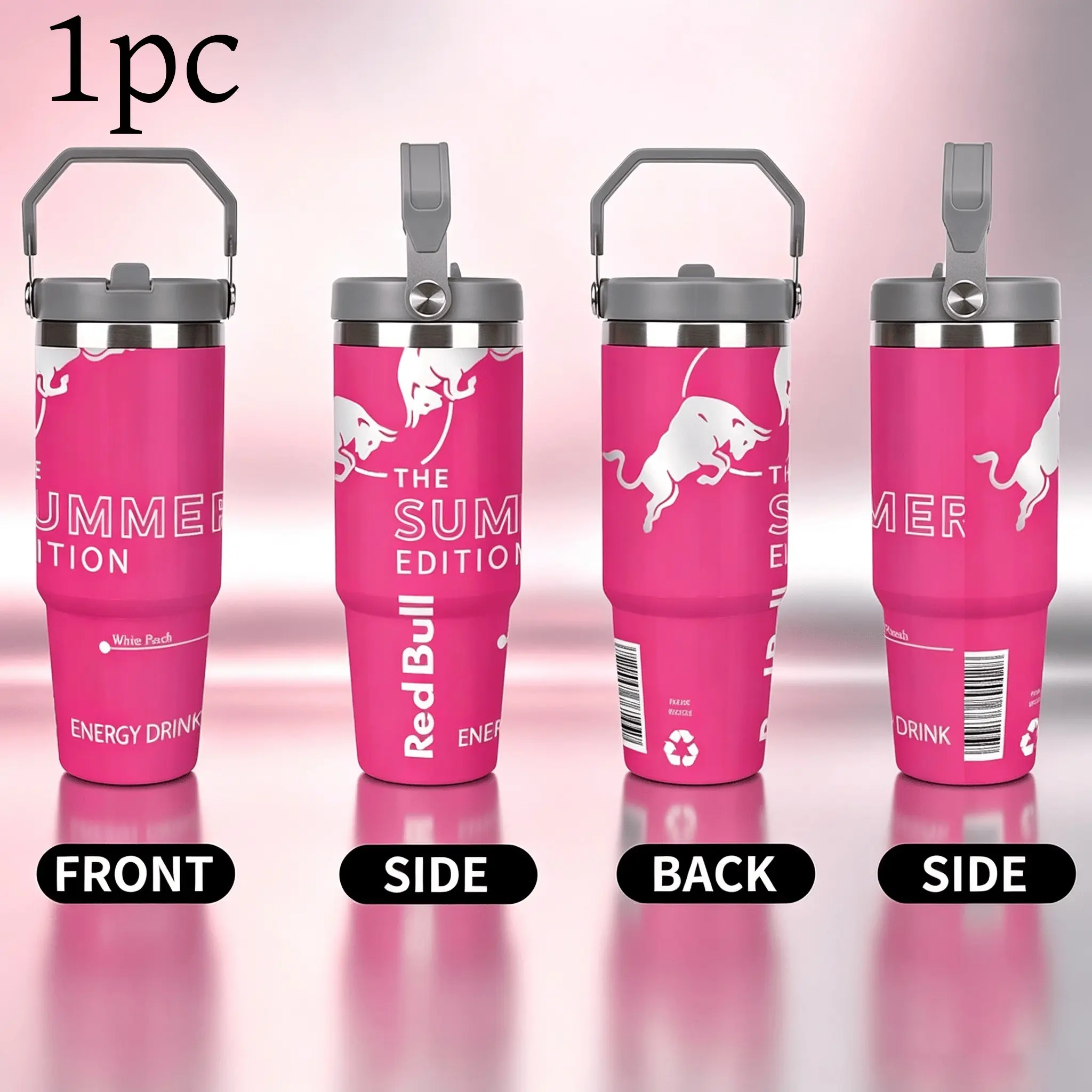 1pc 30oz Red Bull pattern stainless steel vacuum insulated portable water bottle, with handle & straw, reusable large-capacity car cup, suitable for outdoor camping, hiking and daily use