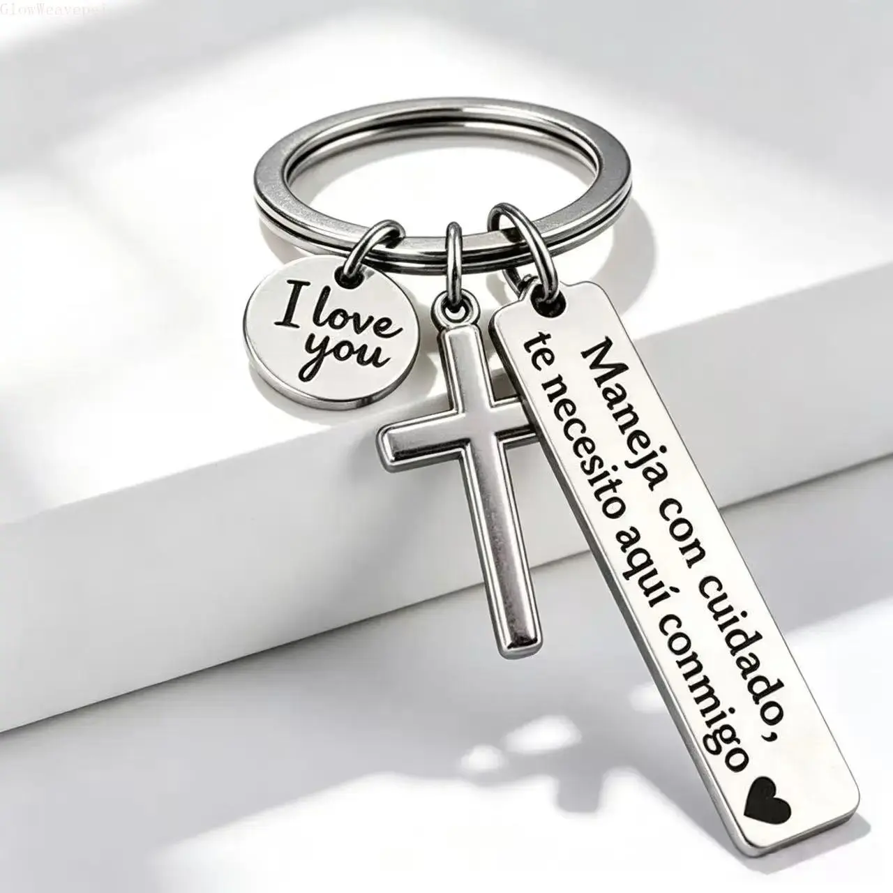 Engraved Stainless Steel Keychain for Women with Spanish "Drive Safe I Need You Here With Me" Quote, Cross & I Love You Heart Charm, Romantic Religious Gift for Him, Keychains For Women