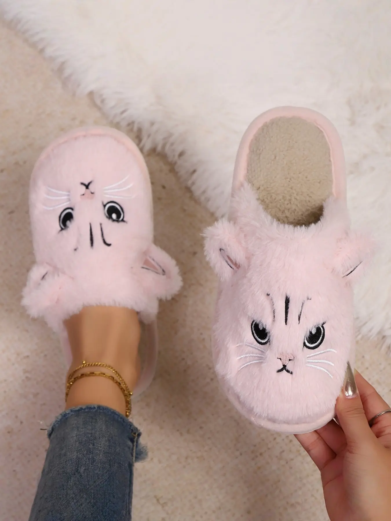 Women's Cute Cat Face Embroidered Plush Mule Slippers, Comfortable Warm Plush Lining, Non-Slip Durable Sole, Home Casual Wear