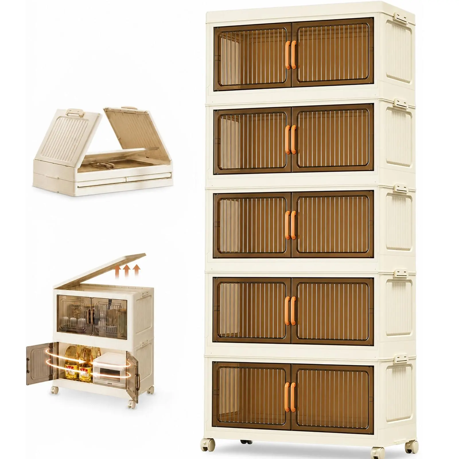Multi-Tier Plastic Storage Boxes with Wheels - 5-Tier Eco-Friendly Modern Rectangle Stackable Folding Collapsible Dustproof Large Capacity Home Organizer for Storage Organization, Pantry Organizer Use, Lightweight Carry for Easy Room Moves, Bathroom