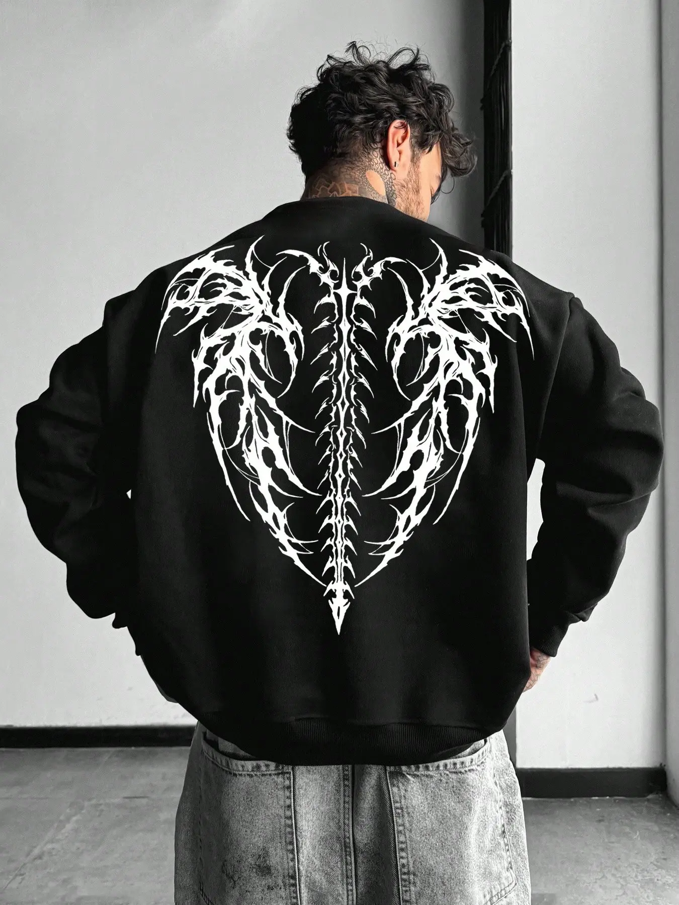Y2K Cyber Graphic Oversized Crewneck Sweater Darkwear Spine & Wings Print Long Sleeve Pullover Sweatshirt Casual Alt Aesthetic Streetwear