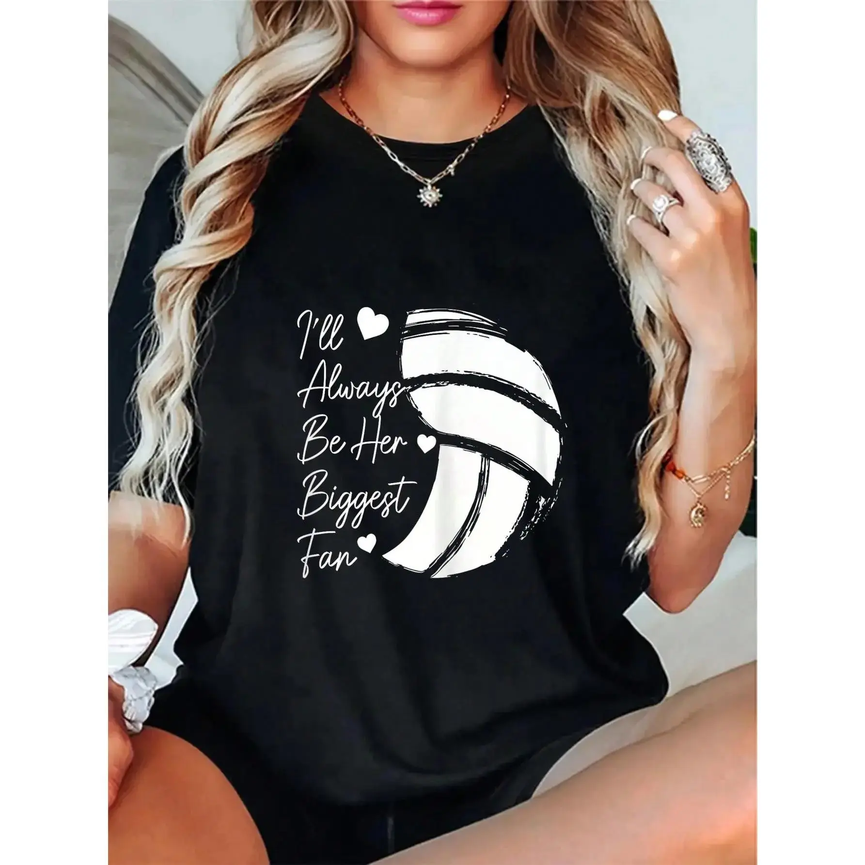 Women's 100% Cotton Short-Sleeve Vintage Graphic Top - Volleyball Mom Her Biggest Fan Design, Everyday Wear, Tops, Shortsleeve, Print, Casual, Round Neck, Machine Wash, Pure Cotton, Cartoon, Cute, Fan Zone, No, All Over Print, Casual Wear, T-Shirt Top, Al