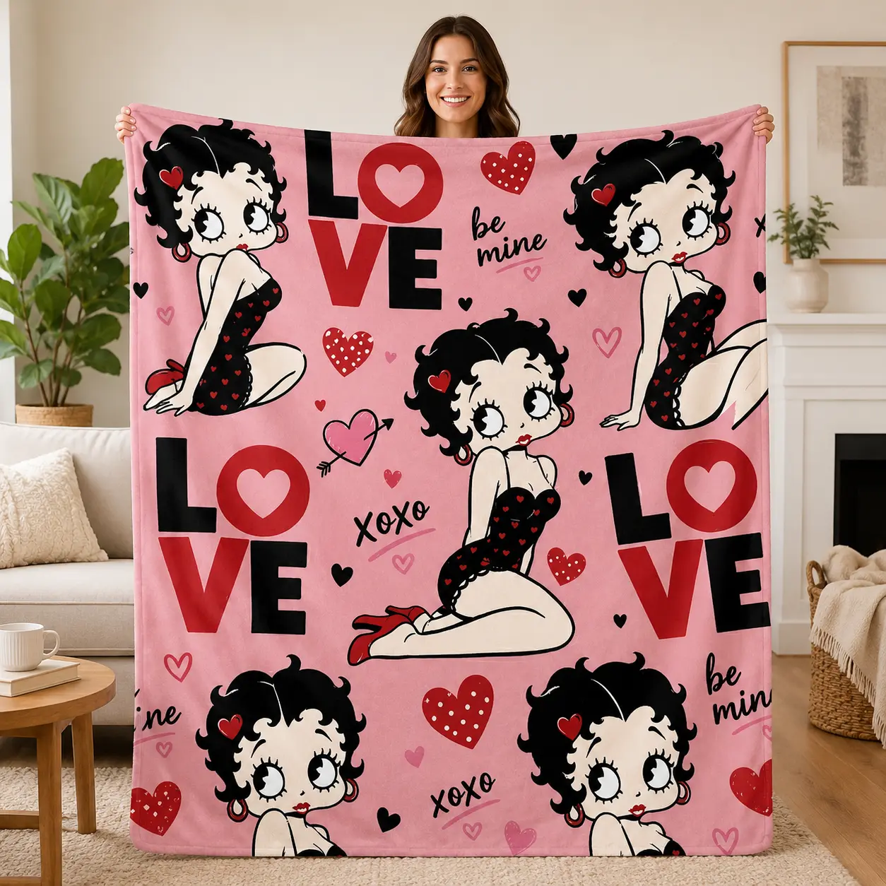 Retro Cartoon Girl Flannel Fleece Blanket,  Love Heart Soft Cozy Throw Blanket, Vintage Valentine Aesthetic Home Decor for Couch Bed Sofa, Cute Girly Gift for Women Teens Birthday Christmas