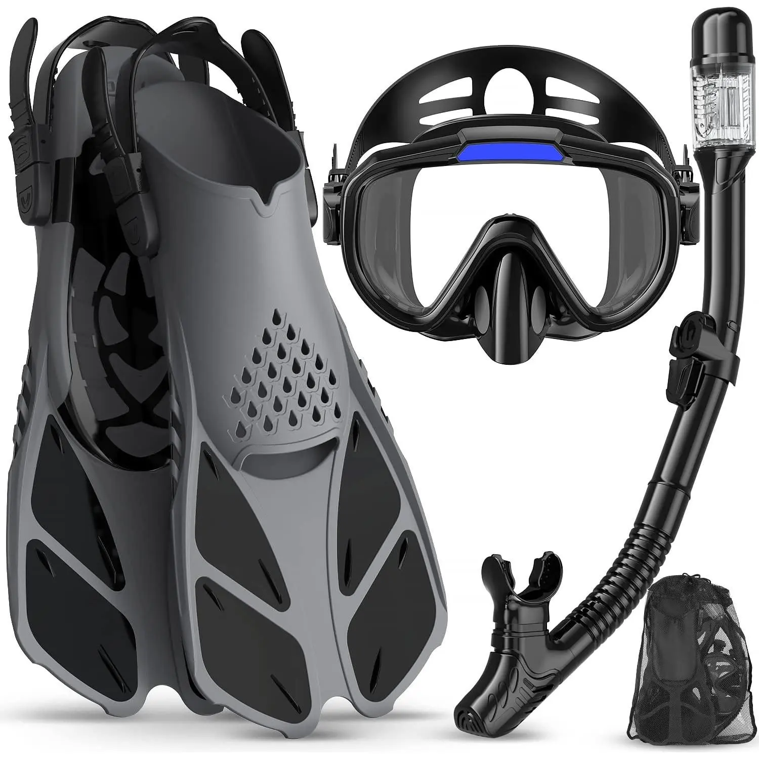 4-in-1 Snorkeling Gear Set for Adults, Panoramic View Diving Mask with Anti-Fog Anti-Leak Design, Dry Top Snorkel, Swim Fins & Travel Bag, Professional Snorkel Set for Swimming & Travel Diving