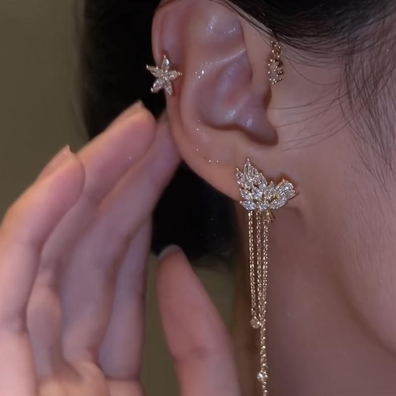 [Trendy Zirconia Tassel Ear Cuff] Shiny Butterfly Ear Cuff Earring Trendy Zirconia Inlaid Tassel Ear Wrap Earrings Elegant Ear Ornaments Jewelry Accessories for Women Tassel Ear Hooks Without Ear Holes