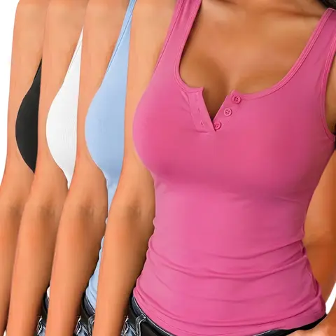 Women's 4-Pack Wide Strap Front Button Sleeveless Tank Tops, Breathable Soft High Elasticity Fabric, Casual Daily Wear for All Seasons, Sleeveless Everyday