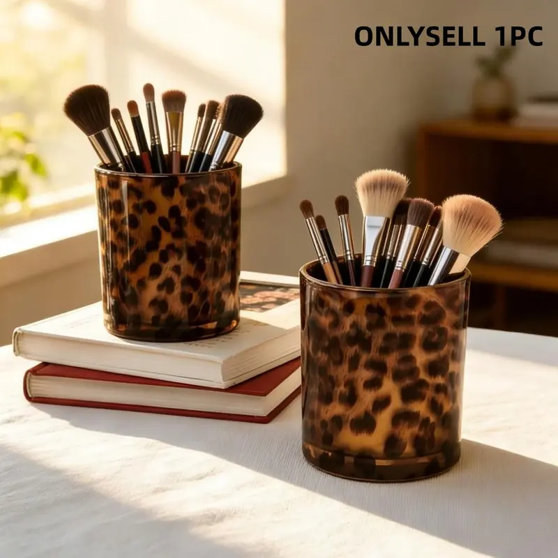Vintage Leopard Print Glass Storage Jar, Makeup Brush Holder, Cosmetic Organizer, Lipstick and Eyeliner Organizer, Decorative Storage Organizers, Desktop Decorative Item, Cosmetic Organiser, Containers for Organizing