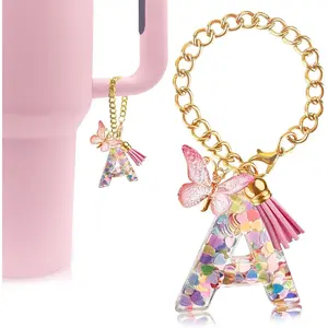 Letter Charm Accessories for Stanley Cup with Handle, Cute Initial Letter A Keychain Handle Charm with Butterfly for Stanley Tumbler for Women Girls