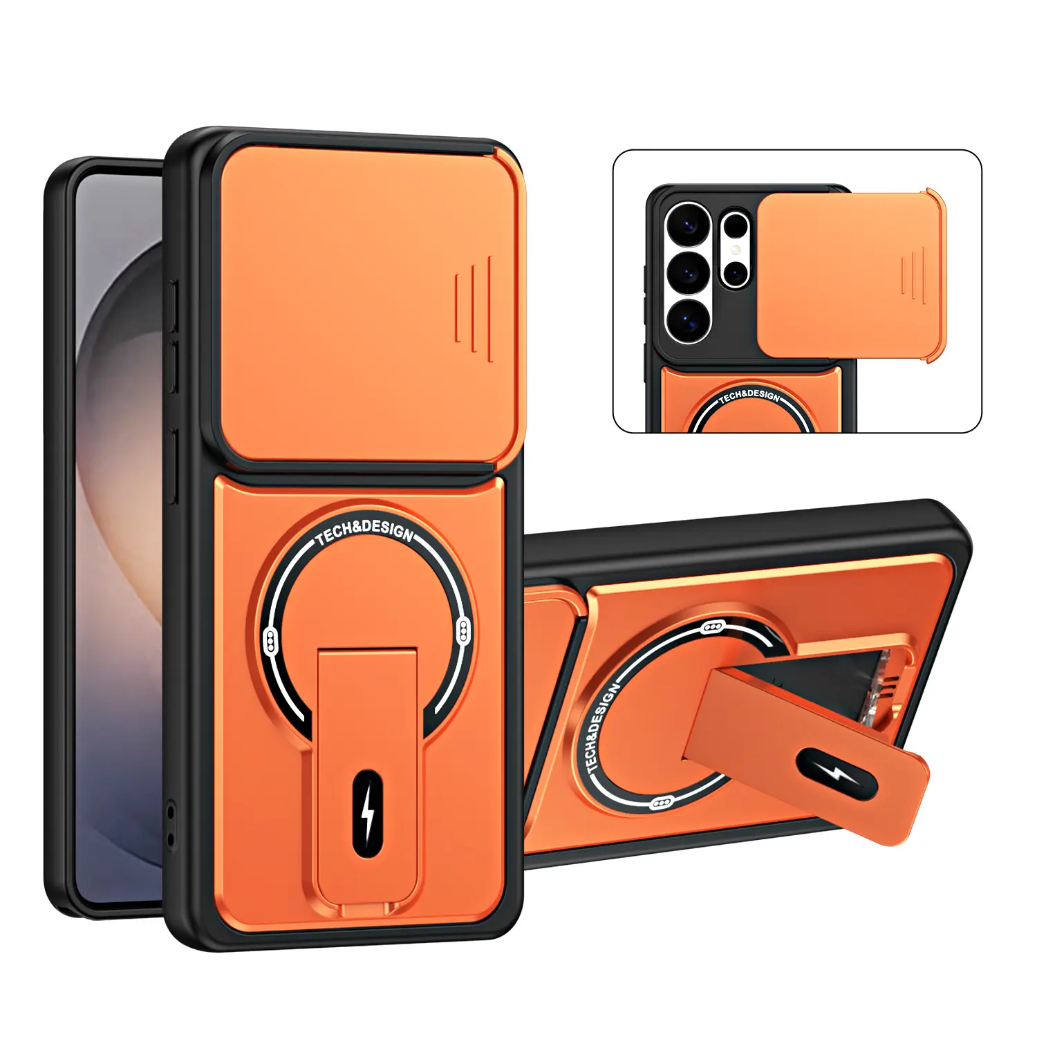 Rugged TPU+PC Case for Selected Samsung Galaxy Models with Sliding Camera Cover, Foldable Ring Stand and Car Mount Compatible Protective Phone Cover, Orange and Black, Holder, Landscape