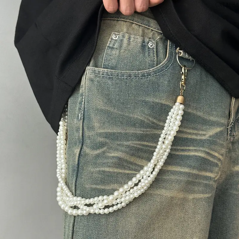 Men's Hip Hop Wrap Pearl Jean Chain - Luxury, Unique All-Seasons Waist Decor Accessory for Sports & Outdoor Clothing Pairing