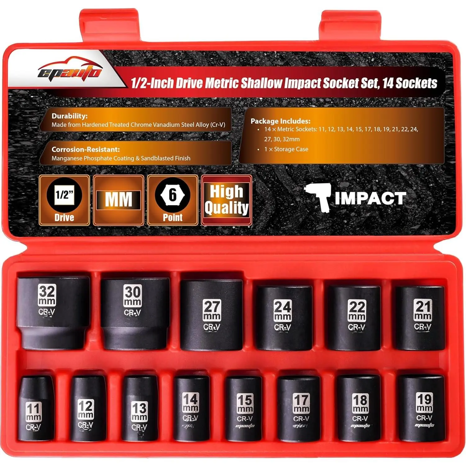1/2-Inch Drive Metric Shallow  Socket Set, 6-Point, 14 Sockets