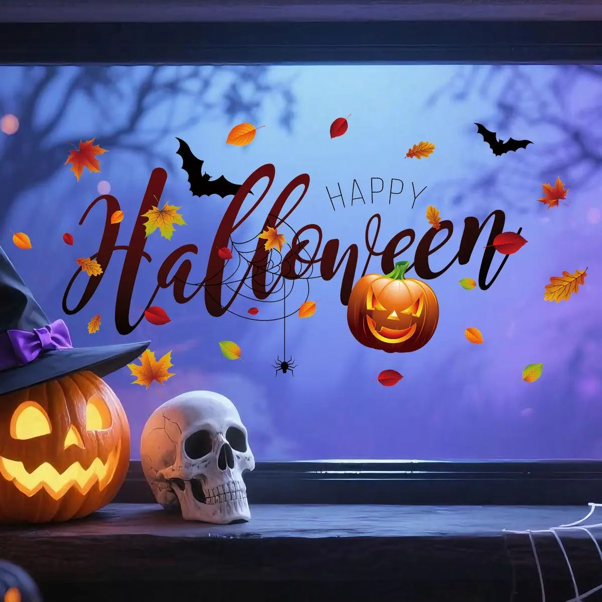 1pc Pumpkin Bat Halloween Window Sticker, Autumn Leaf Spider Web Happy Halloween Elements, Thanksgiving Party Glass Display Decorative Static Cling