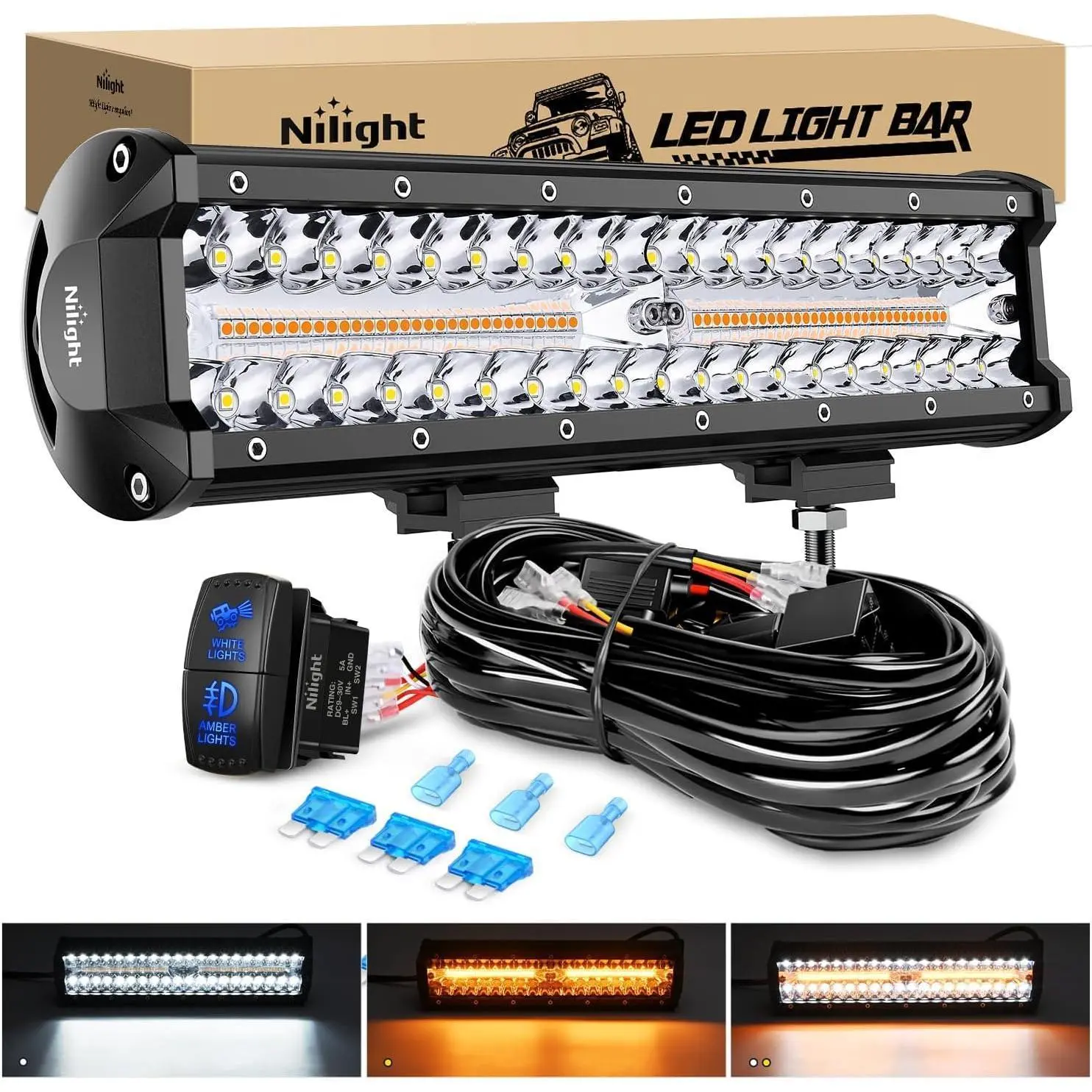 Nilight 12Inch Off-Road LED Light Bar, 300W 3 Lighting Modes (White/Amber/White&Amber) Driving Fog Light Spot Flood Lights with 16AWG Wiring Harness for Truck Car ATV SUV Jeep Boat